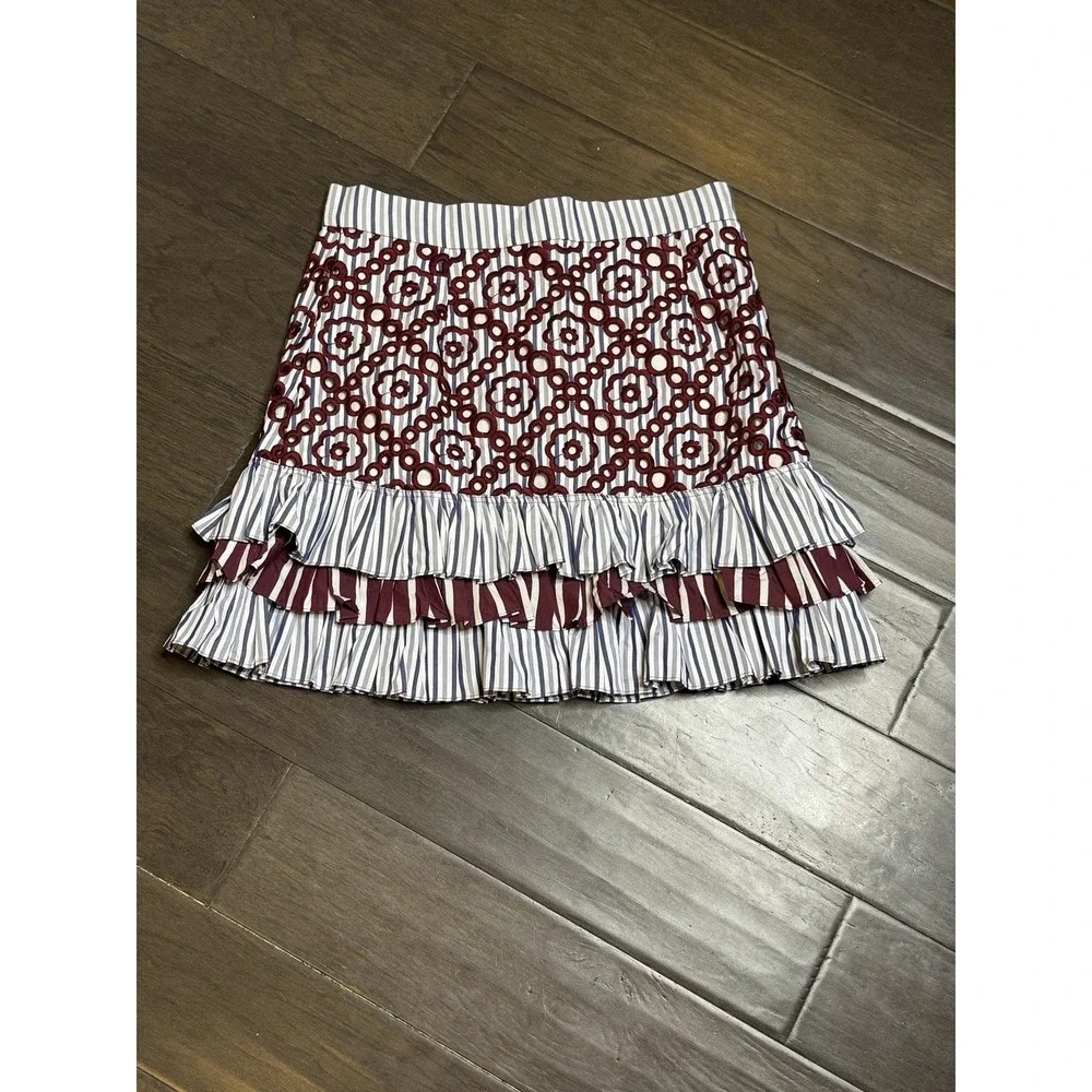 Sandro Paris Eyelet Cotton Tiered Mini Skirt Size 3 Ruffle Stripe Floral Prep‎ - Picture 2 of 9